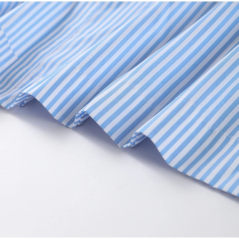 Striped & Solid Turn-Down Collar Half Sleeve Button Single-Breasted Regular Fit A-Line Mid-Calf Dress – Empire Waist, All Season Luxegan