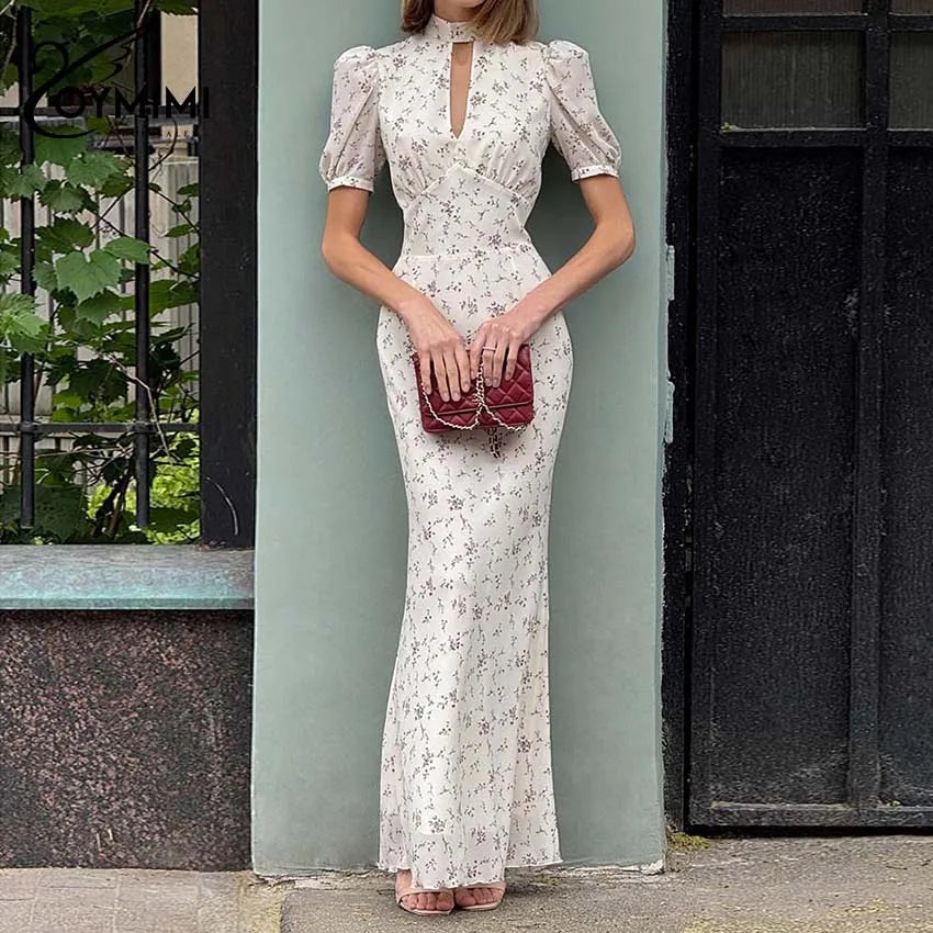  Hollow-Out Print Floor-Length Dress | O-Neck Short Sleeve High Waist Maxi Dress Luxegan