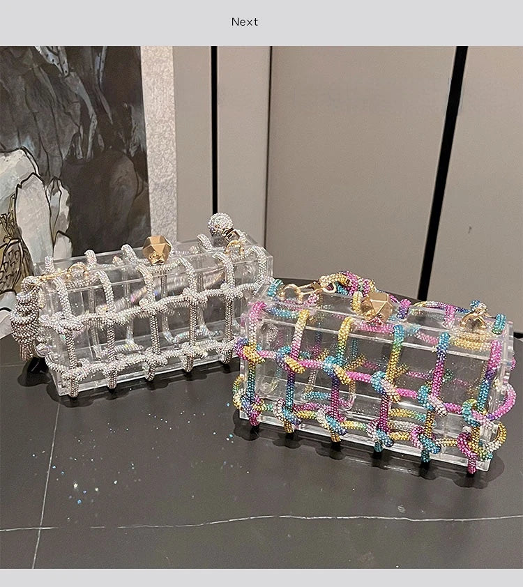 Diamond Clear Acrylic Box Evening Bag | Boutique Woven Knotted Rhinestone Purse | Luxury Party Clutch with Crystal Rope Handle & Metal Chain (Model 1201000988) Luxegan