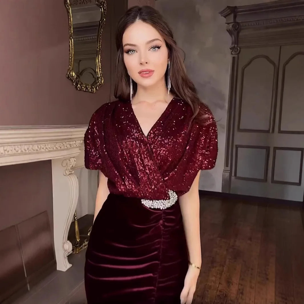 Women's Sequin V-Neck A-Line Formal Dress with Split Luxegan