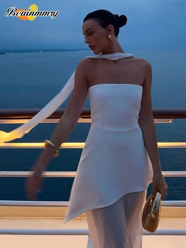 Elegant White Mesh Splicing Slim Women Strapless Dress Chic Scarf Neck Off Shoulder High Waist Long Dresses Lady Party Robes