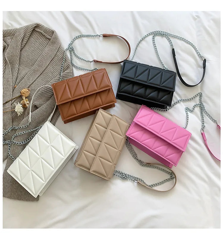 Embroidery Plaid Chain Flap Bag | Sophisticated Solid-Color Shoulder Handbag | Elegant Casual Crossbody Purse | "Dignified" Hard Square Bag for Versatile Daily Styling Luxegan