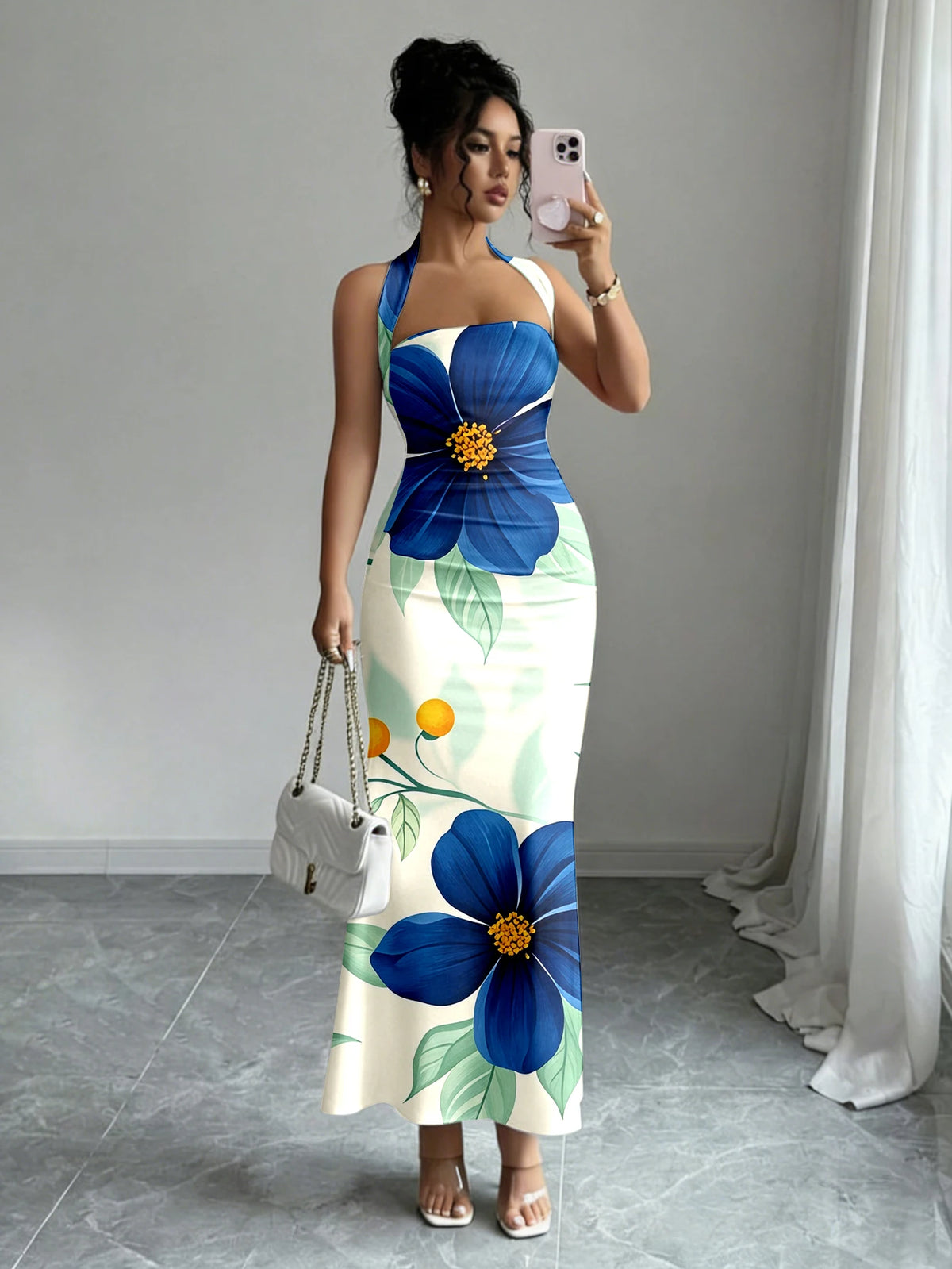Print Slash Neck Spaghetti Strap Sleeveless Zip Detail Regular Fit Sheath Ankle-Length Dress – Slight Stretch Polyester-Elastane, Summer Luxegan