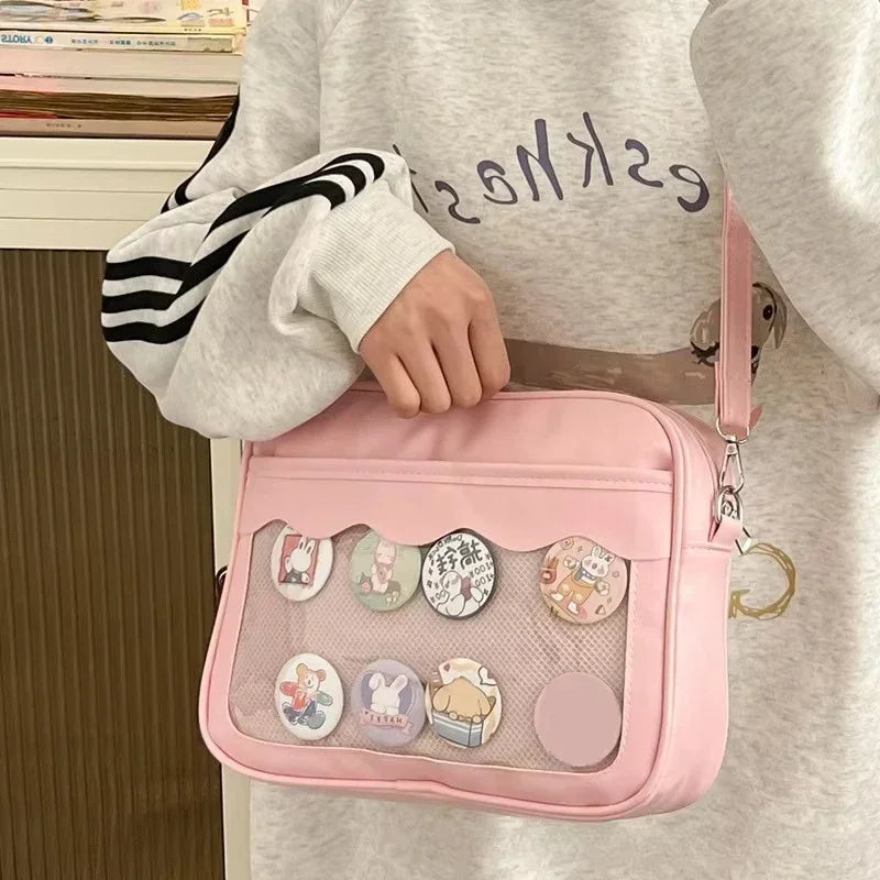 Women's PU Transparent Pocket Ita Bag | High School Girls JK Uniform Crossbody Shoulder Handbag (Fashion Satchel) Luxegan