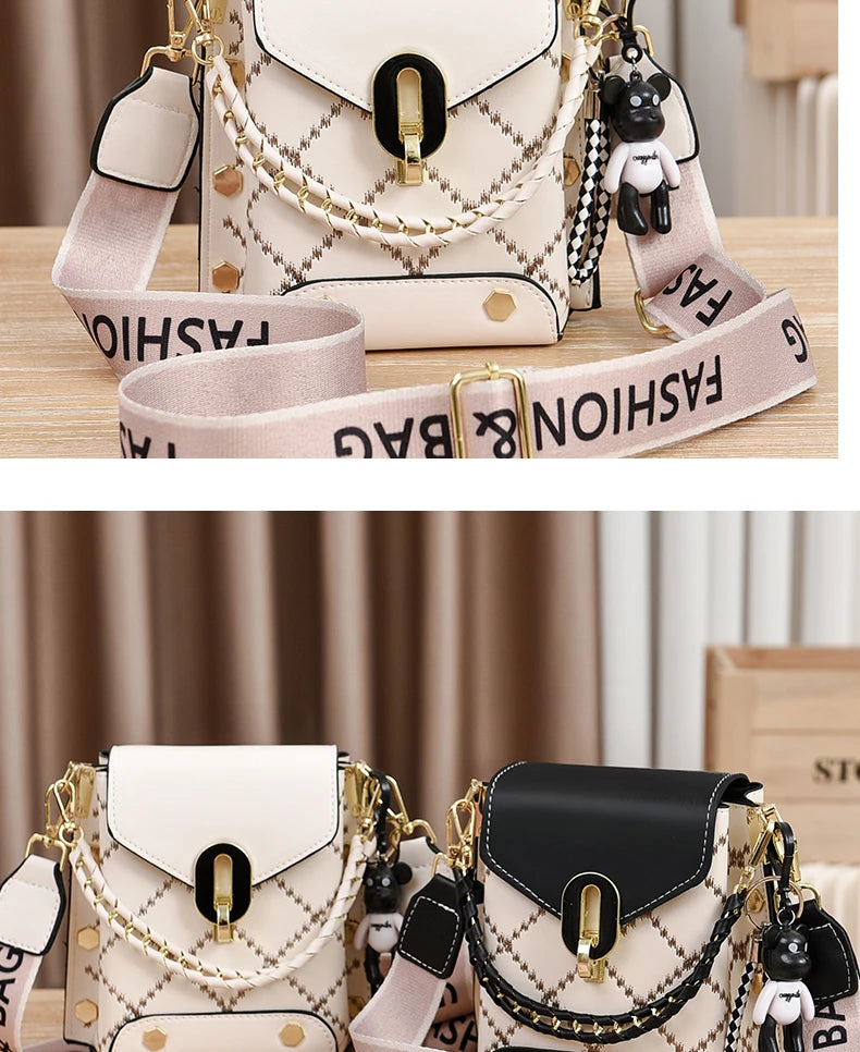 Mini Studded Decor Crossbody Bag | Argyle Embroidery Mobile Phone Purse & Trendy Chain Handbag for Women Luxegan