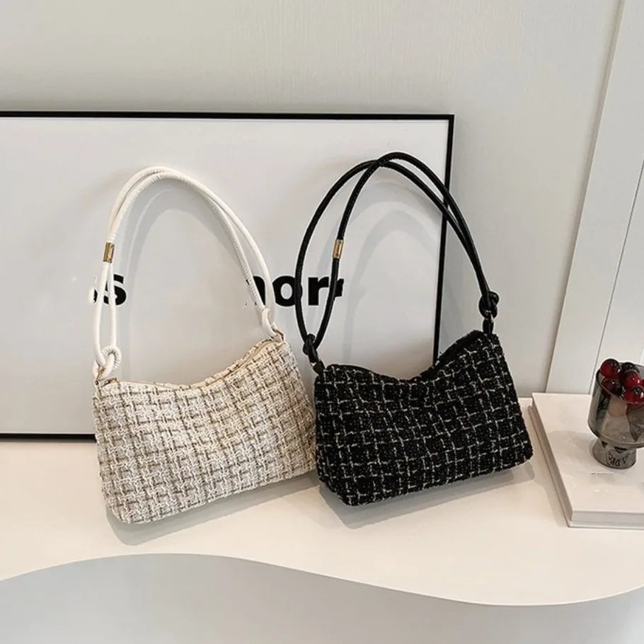 Hobos Luxury Designer Soft Woolen Plaid Underarm Bag | Korean Style New Crossbody Purse with Appliques for Party Luxegan