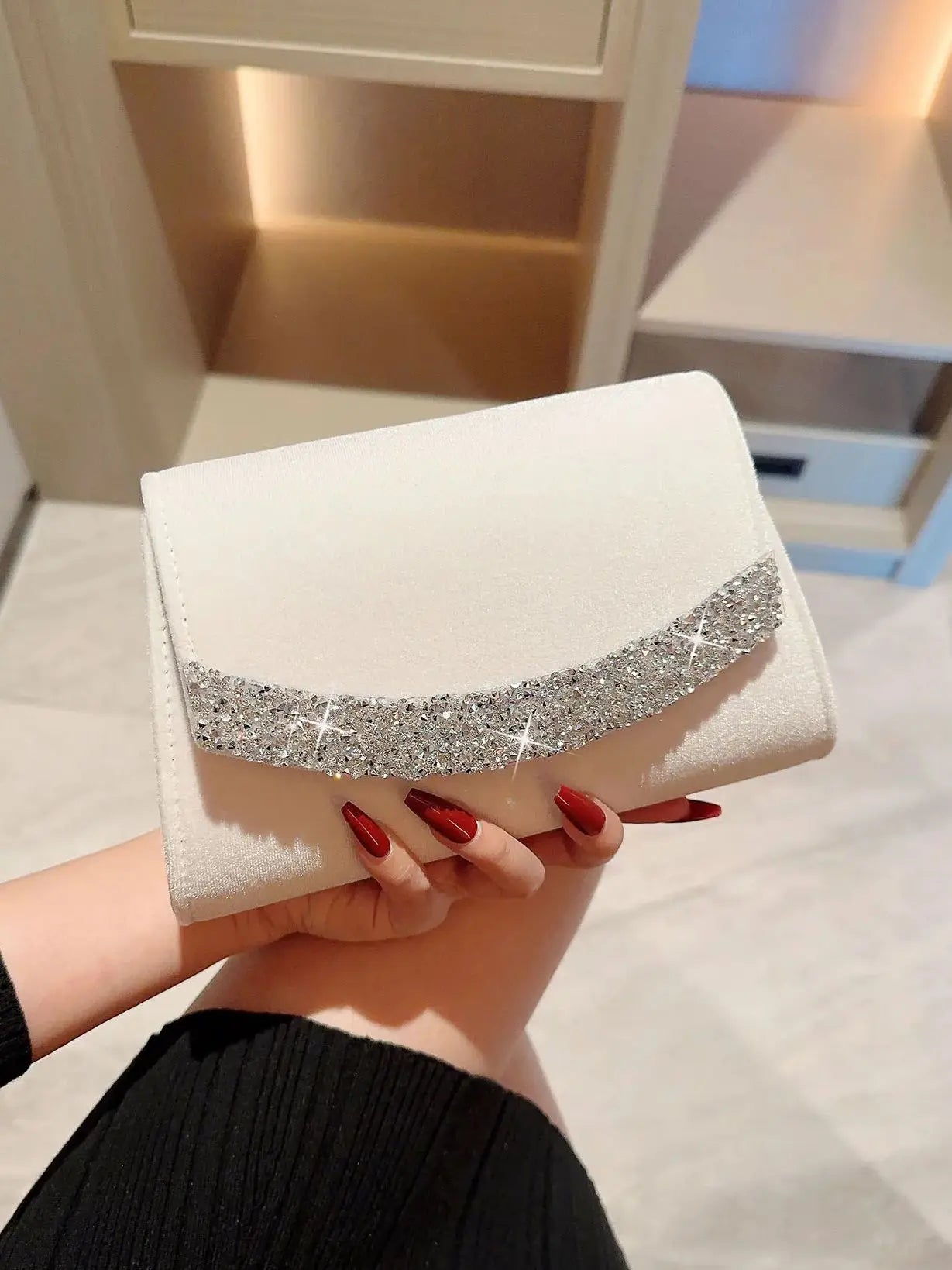 A Shiny Rhinestone Velvet Evening Bag | Romantic White Wedding & Formal Party Clutch Luxegan