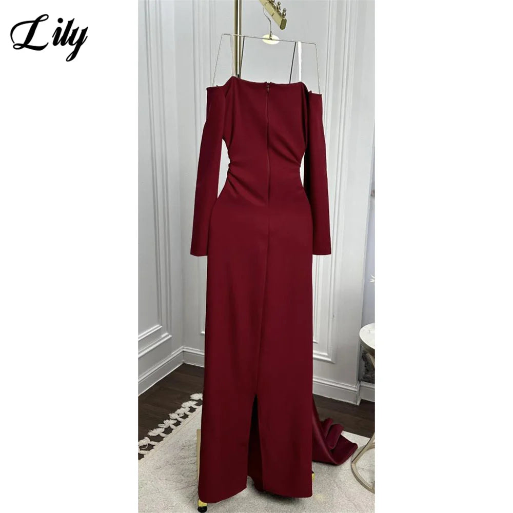 Lily Burgundy Elegant Prom Dresses High-Neck Long Sleeves Mermaid Evening Dresses Satin Muslim Formal Gowns Dubai  Customized