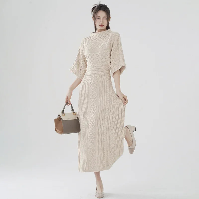 Women's O-Neck Knitted Long Dress | Sophisticated Hollow Out Pullover Gown | Elegant "Ankle-Length" Silhouette | "Dignified" Slight-Stretch Autumn Fashion for Radiant Versatile Fall & Winter Styling Luxegan