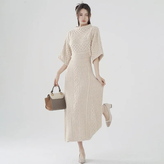 Women's O-Neck Knitted Long Dress | Sophisticated Hollow Out Pullover Gown | Elegant "Ankle-Length" Silhouette | "Dignified" Slight-Stretch Autumn Fashion for Radiant Versatile Fall & Winter Styling Luxegan