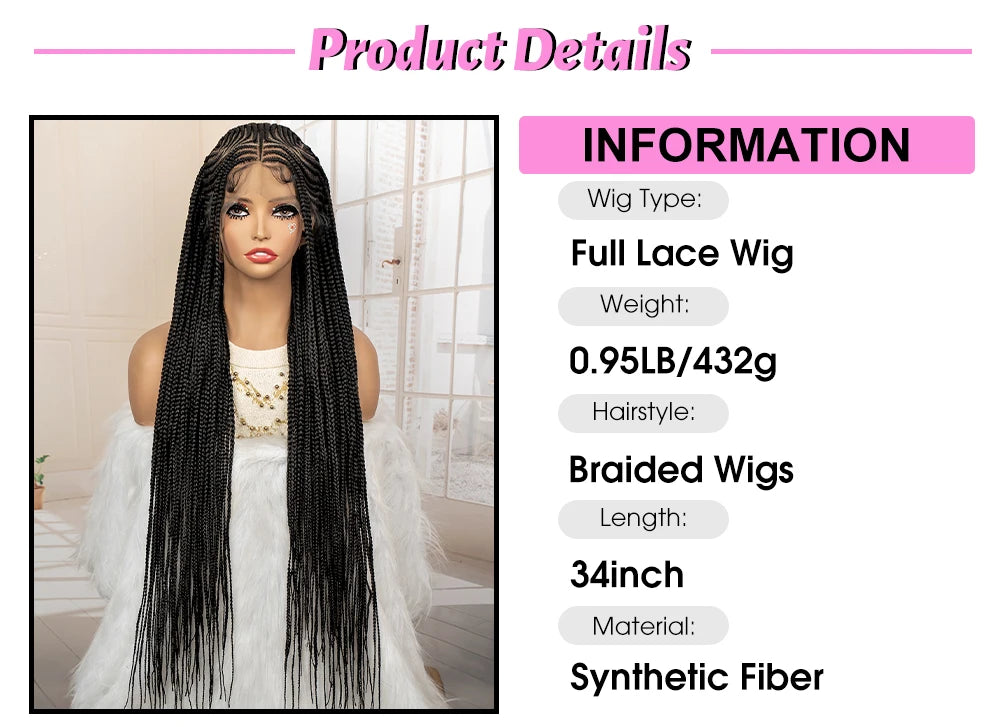 34 Inch Knotless Box Braiding Cornrow Wig | Full Lace | Kanekalon