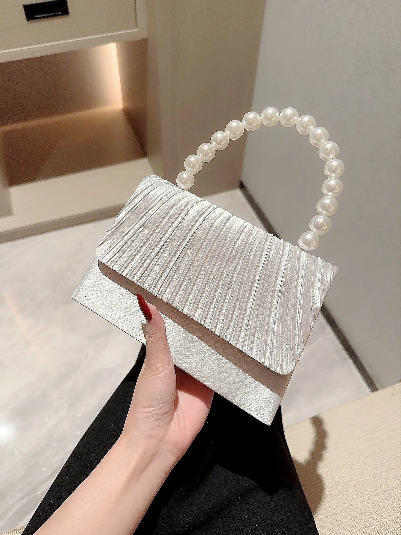 Classic Pleated Satin Evening Bag | Pearl Handle Wedding & Party Purse Luxegan
