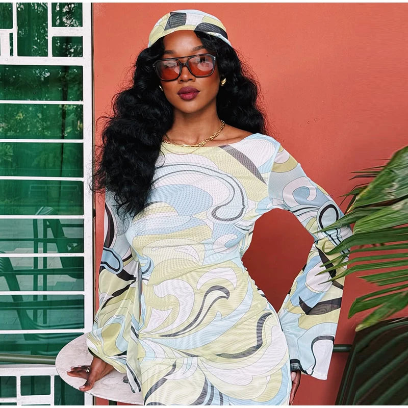 O-Neck Full Flare Sleeve Backless Print A-Line Maxi Dress | Bodycon Empire Waist Beach Summer Dress Luxegan