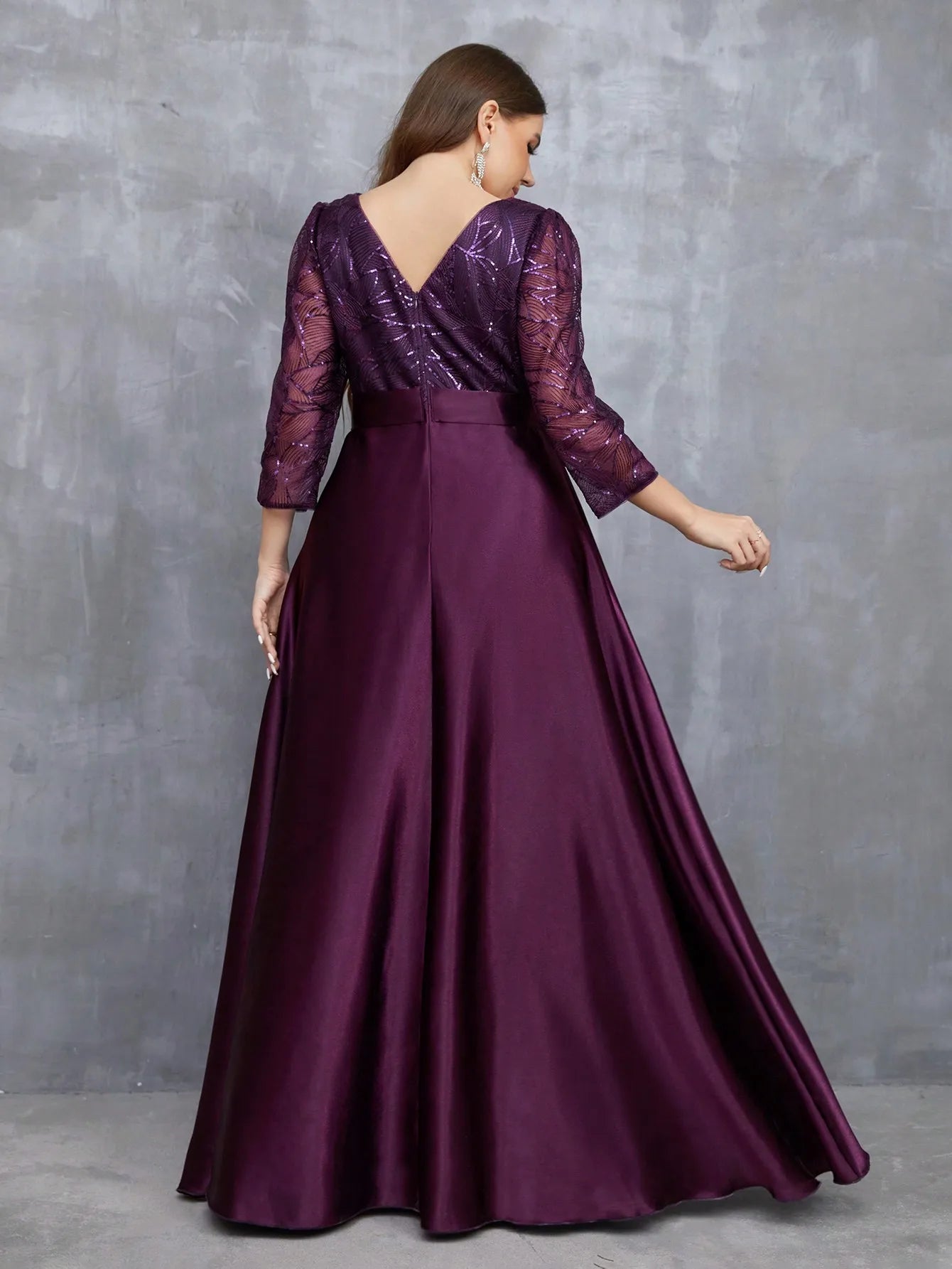 Elegant Crew Neck Sequin Patchwork Satin Ball Gown | Long Sleeve Fit & Flare Party Dress | Premium Solid Color Ankle-Length Bridesmaid Dress | Regular Fit O-Neck Tatting Evening Dress Luxegan