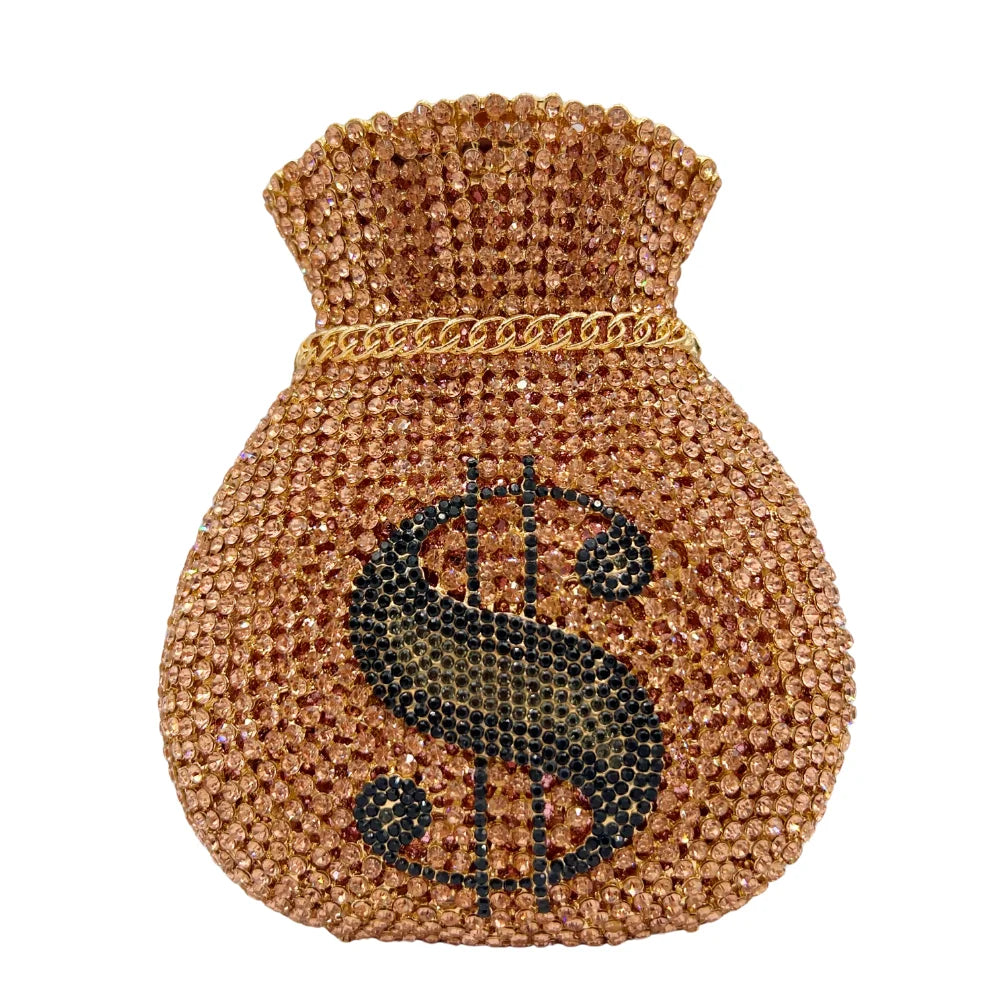 Lucky Coin Drawstring Evening Clutch | Sophisticated Diamond & Sequined Money Bag | Elegant Hollow-Out Gala Purse | "Dignified" Structured Metallic Handbag for High-Fashion Parties Luxegan