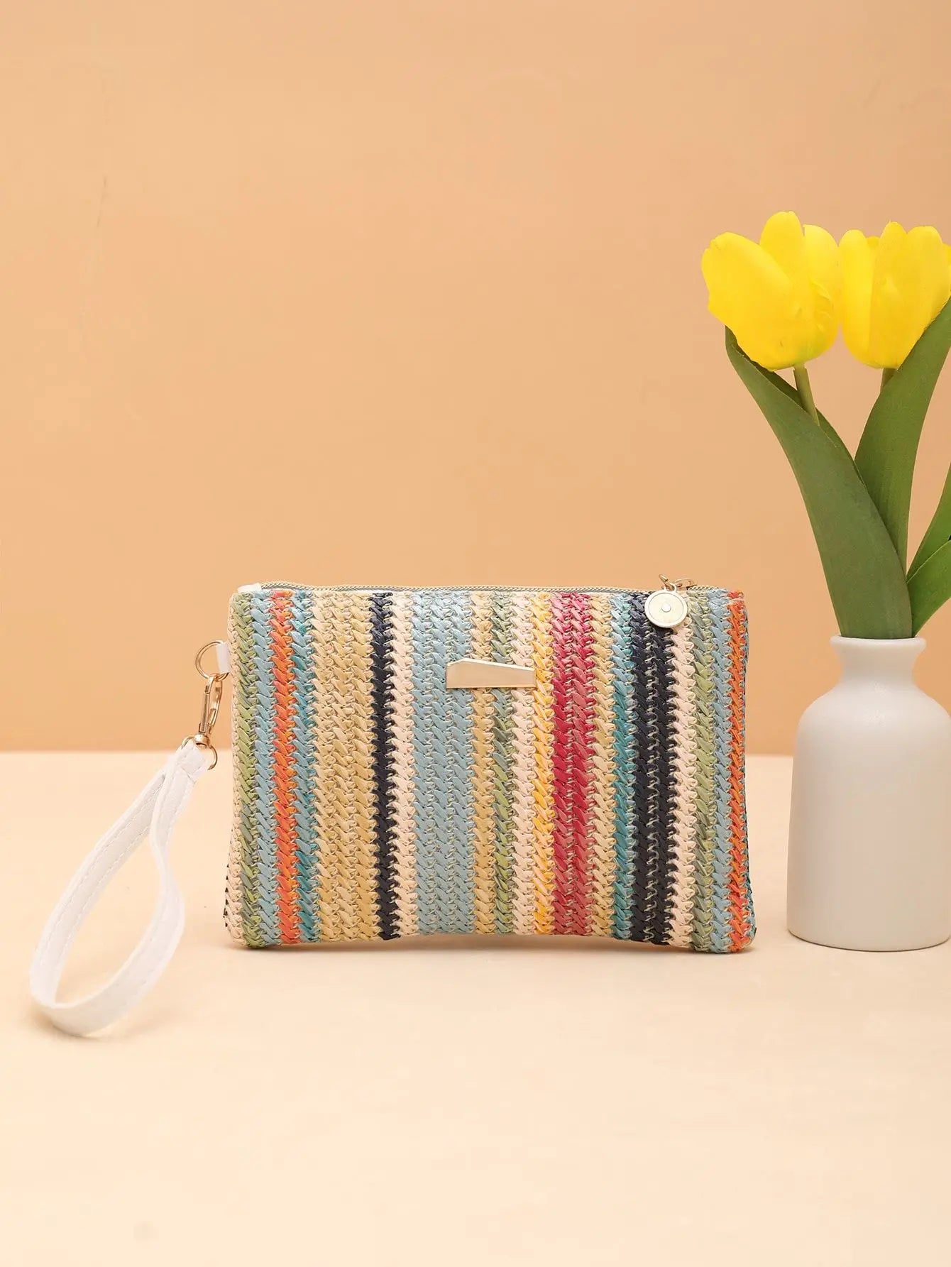 Colorful Rattan Knitting Beach Clutch | Fashion Straw Woven Wristlet Bag | Summer Vacation Money & Coin Purse | Versatile Rainbow Dinner Wallet Luxegan