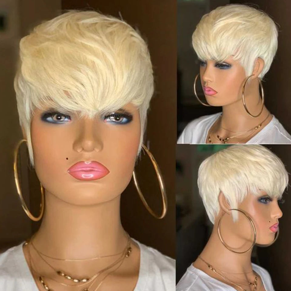 613 Honey Blonde Pixie Cut Straight Wig with Bangs | Glueless Peruvian Remy Human Hair Luxegan
