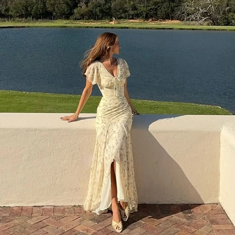 Flutter Sleeves Slim Long Dress Women Casual Pleated Deep V-neck Floral Print High Waist Dresses 2026 Lady Summer Holiday Wear