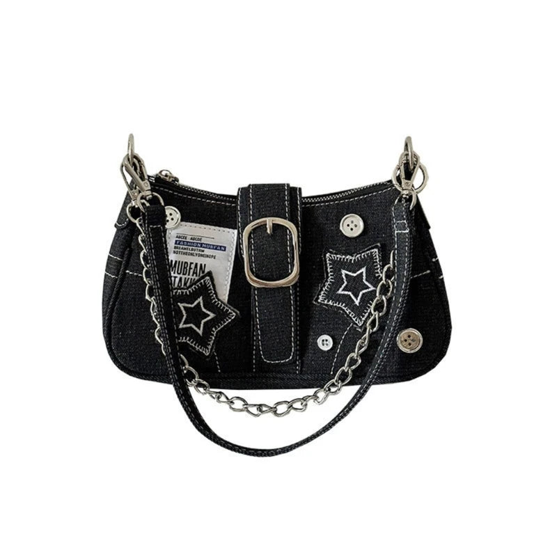 Aesthetic Women's Denim Handbag | Chain Shoulder Bag with Star Detail | Soft Underarm & Top Handle Armpit Bag for Shopping & Dating Luxegan