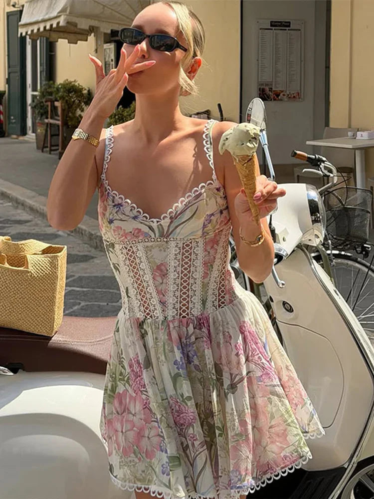 Floral Print Lace Patchwork Mini Dress Sleeveless Flared Hem Waist-cinching Spaghetti Strap Dresses Summer Chic Elegant Gown