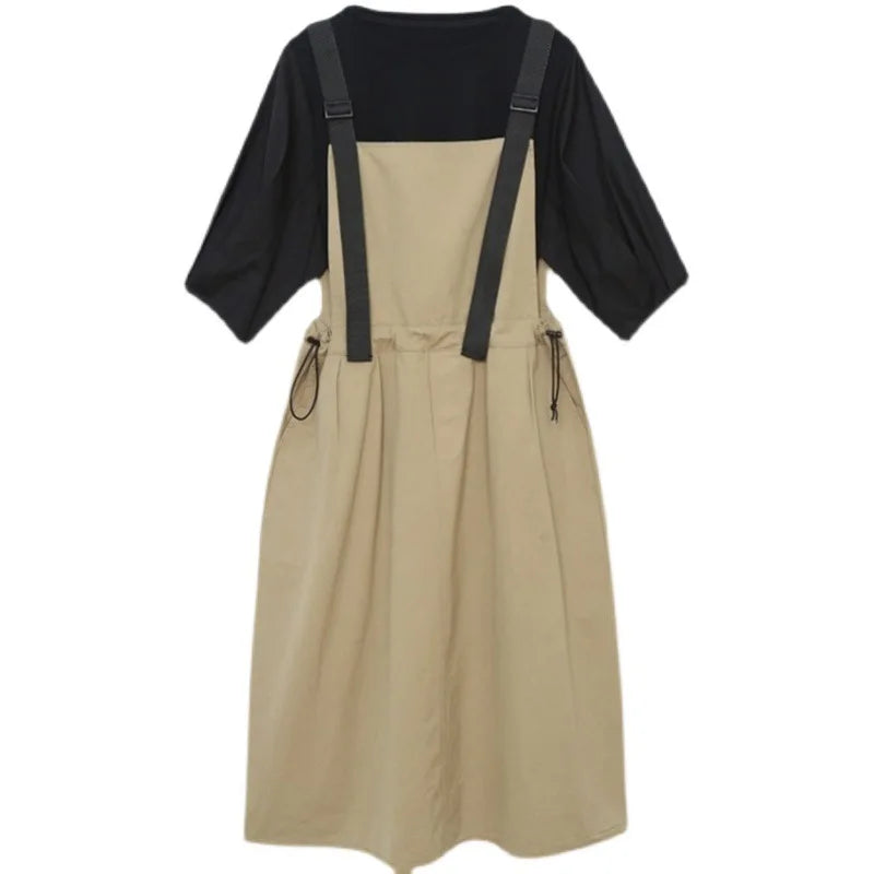 Women's Spring Summer Workwear Overalls Two-Piece Set | Trendy Bubble Puff Sleeve Streetwear Suit | Chic Salt System Casual Outfit | Premium Loose Fit O-Neck Mid-Calf Fashionable Set Luxegan