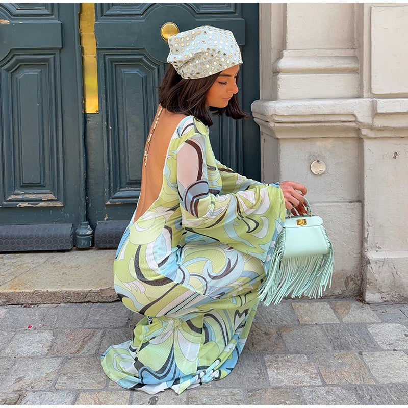 Print Round Neck Long Flared Sleeve Backless Slim Fit Trumpet/Mermaid Ankle-Length Dress – Empire Waist, Spring/Summer Luxegan