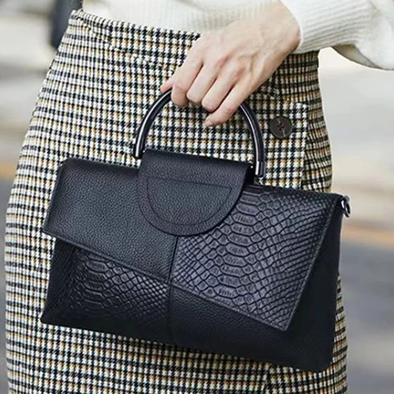 Women's Black PU Leather Shoulder Bag | Stone Print Chain Crossbody & Clutch Luxegan