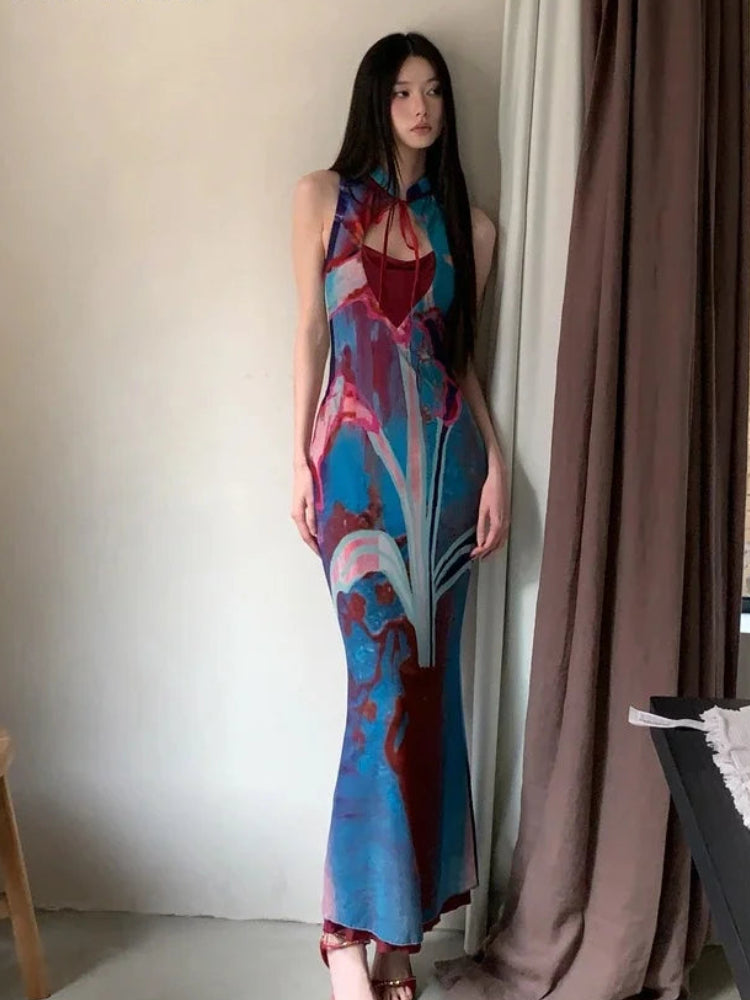 Women's Designer Floral Summer Midi Dress | Elegant Mandarin Collar Sleeveless A-Line Gown | Premium Patchwork Bodycon Tunic Party Dress | Regular Fit Mid-Calf Empire Waist Vestido Luxegan