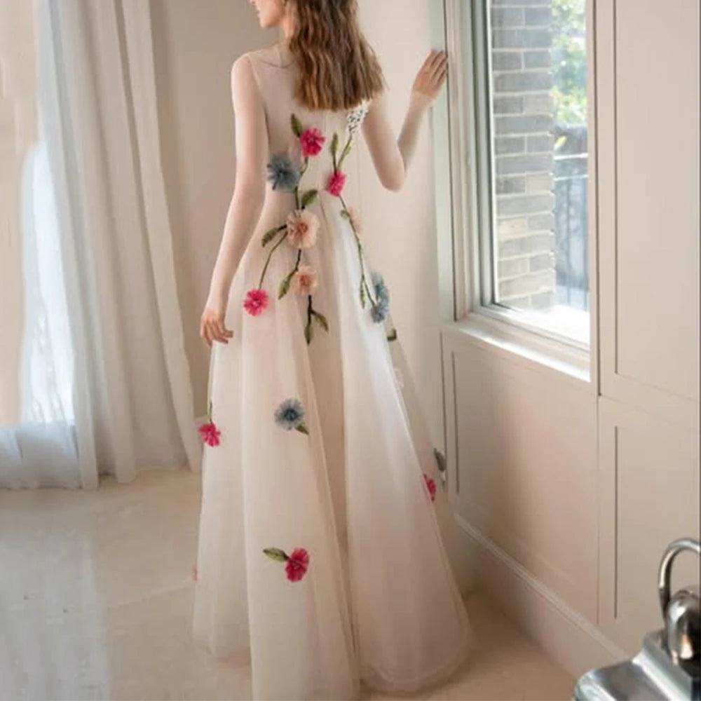 Luxury Flower Evening Dress for Women | Custom-Made O-Neck Long Sleeve Formal Gown | Premium Tulle A-Line Floor-Length Party Dress | Modern Candy-Color Regular Full Sleeve Dress (Model 2025073001) Luxegan