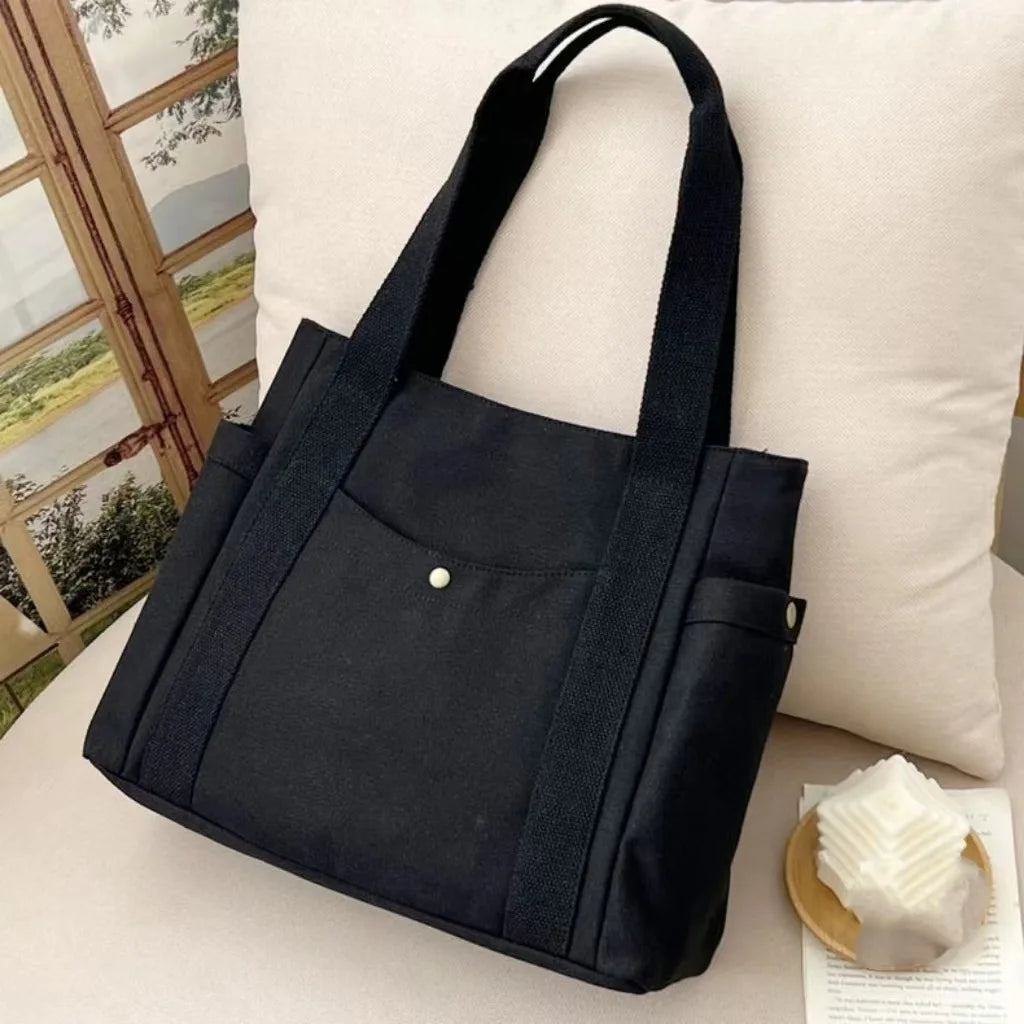 Large Capacity Canvas Commuter Tote | Solid Color Zipper Handbag Luxegan
