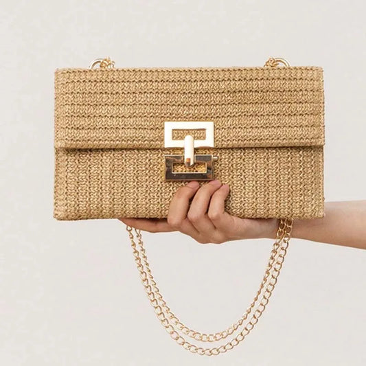 Straw Envelope Evening Party Handbag | Women's Woven Clutch & Chain Crossbody Purse Luxegan