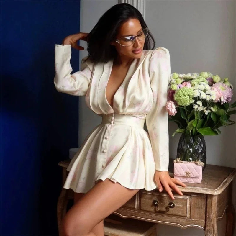 Women's Deep V-Neck Floral Printed Mini Dress | Sexy Waist-Cinched Pleated Party Gown | Long Sleeve Button-Front Chic Dress | Premium Soft Fabric Relaxed Fit All-Season Vestido Luxegan