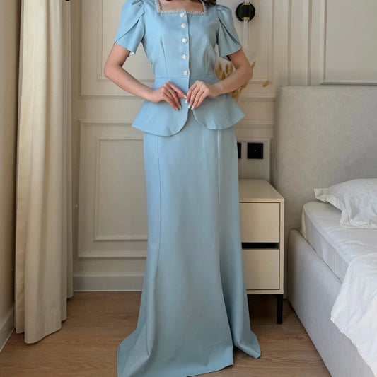 Sequined Button A-Line Prom Dress | Square Collar Short Sleeve Floor-Length Gown Luxegan