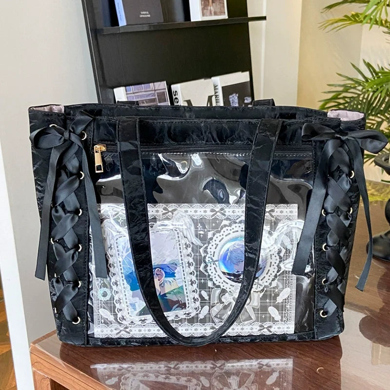 New Versatile Fashion Ribbon Ita Bag | Large Capacity Anime Millet Bag | Sophisticated Green Lace & Bow Shoulder Tote | Fashion-Forward Canvas Daily Outfit Bag with Artisan Charm Luxegan