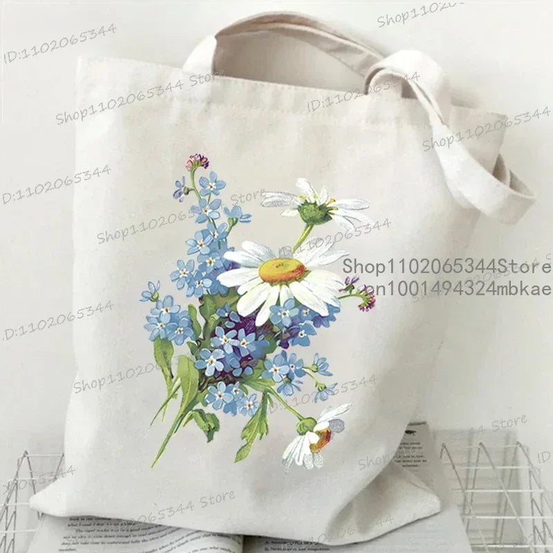 Fashion Canvas Tote Bag Oil Painting Wildflowers Print Lady Shoulder Shopping Bag | Plant Style Daisy Vintage Flower Women Handbag Luxegan