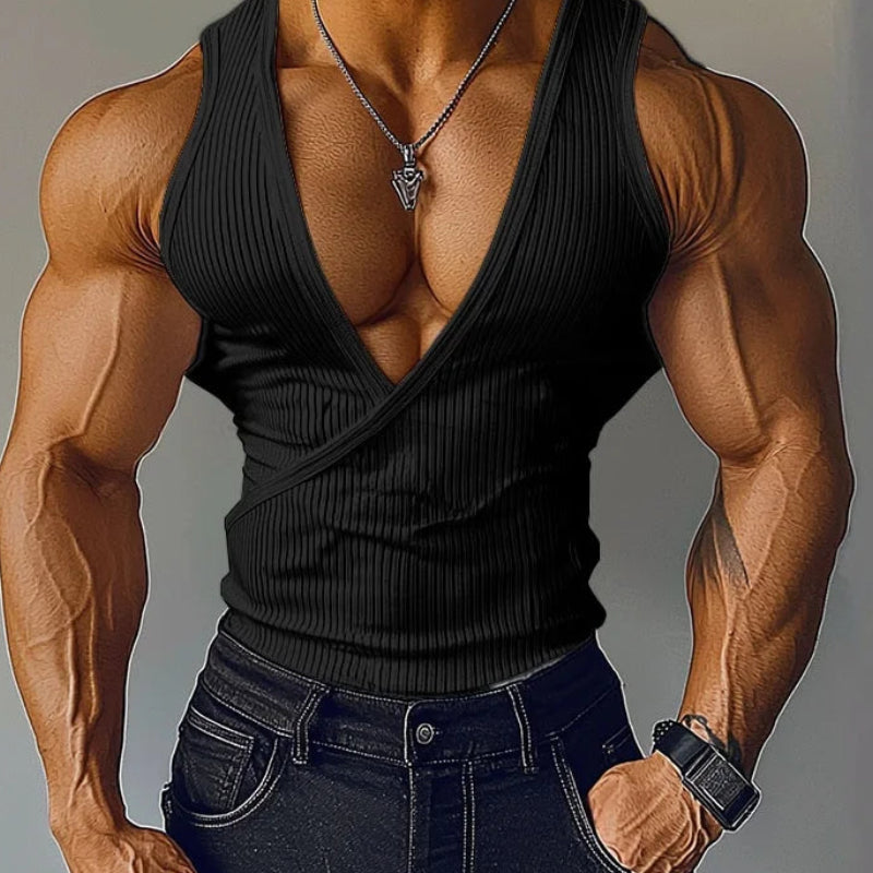 Slanted Collar Texture Deep-V Vest | Sophisticated American Style Diagonal Silhouette | Elegant "Deep-V" Summer Streetwear | "Dignified" Textured Tank Top for Radiant Versatile Styling Luxegan