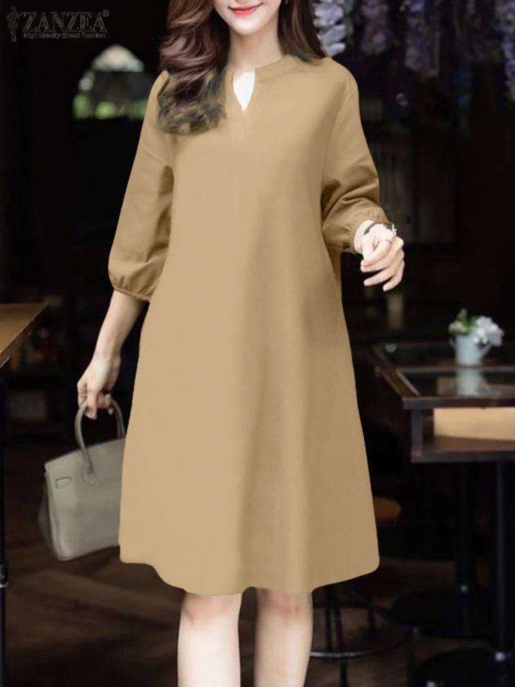 V-Neck Puff Sleeve A-Line Midi Dress | Elegant Solid Work & Casual Autumn Dress Luxegan