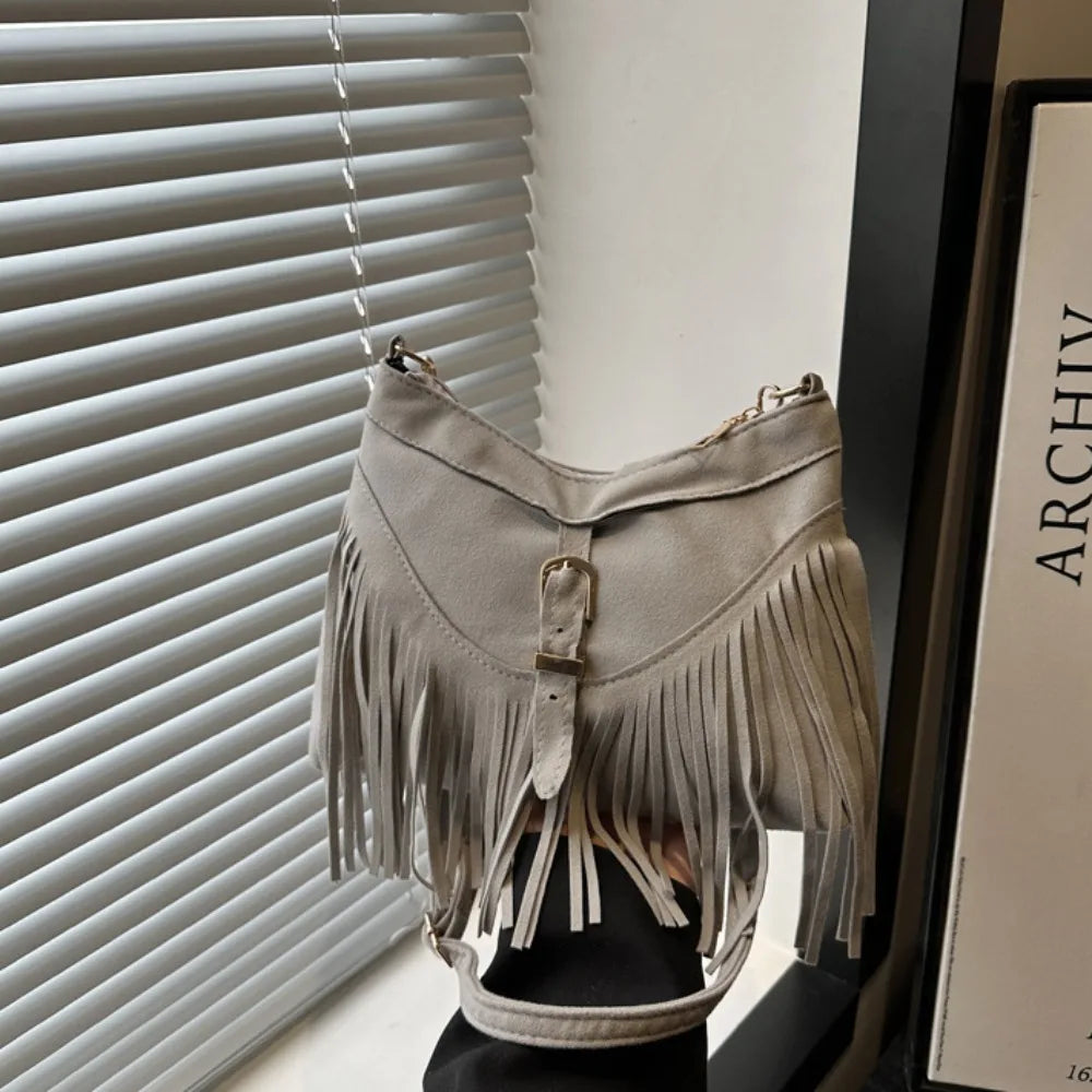 Casual Korean Tassel Shoulder Bag | Solid Color Suede & PU Leather Underarm Pack | Ethnic Bohemian Style Travel Handbag (Women) Luxegan