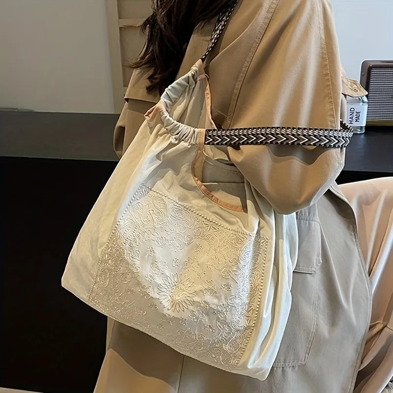 Niche Embroidered Canvas Shopping Bag | Fashionable Hand-held Shoulder Tote Luxegan