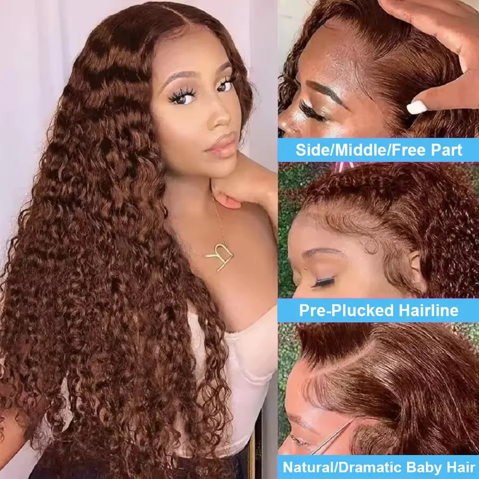 Chocolate Brown Deep Curly Frontal Wig | Sophisticated 13x6 HD Lace Frontal | Elegant Water Wave Brazilian Human Hair | "Dignified" 30–38 Inch Long Remy Hair for Radiant Versatile Styling Luxegan
