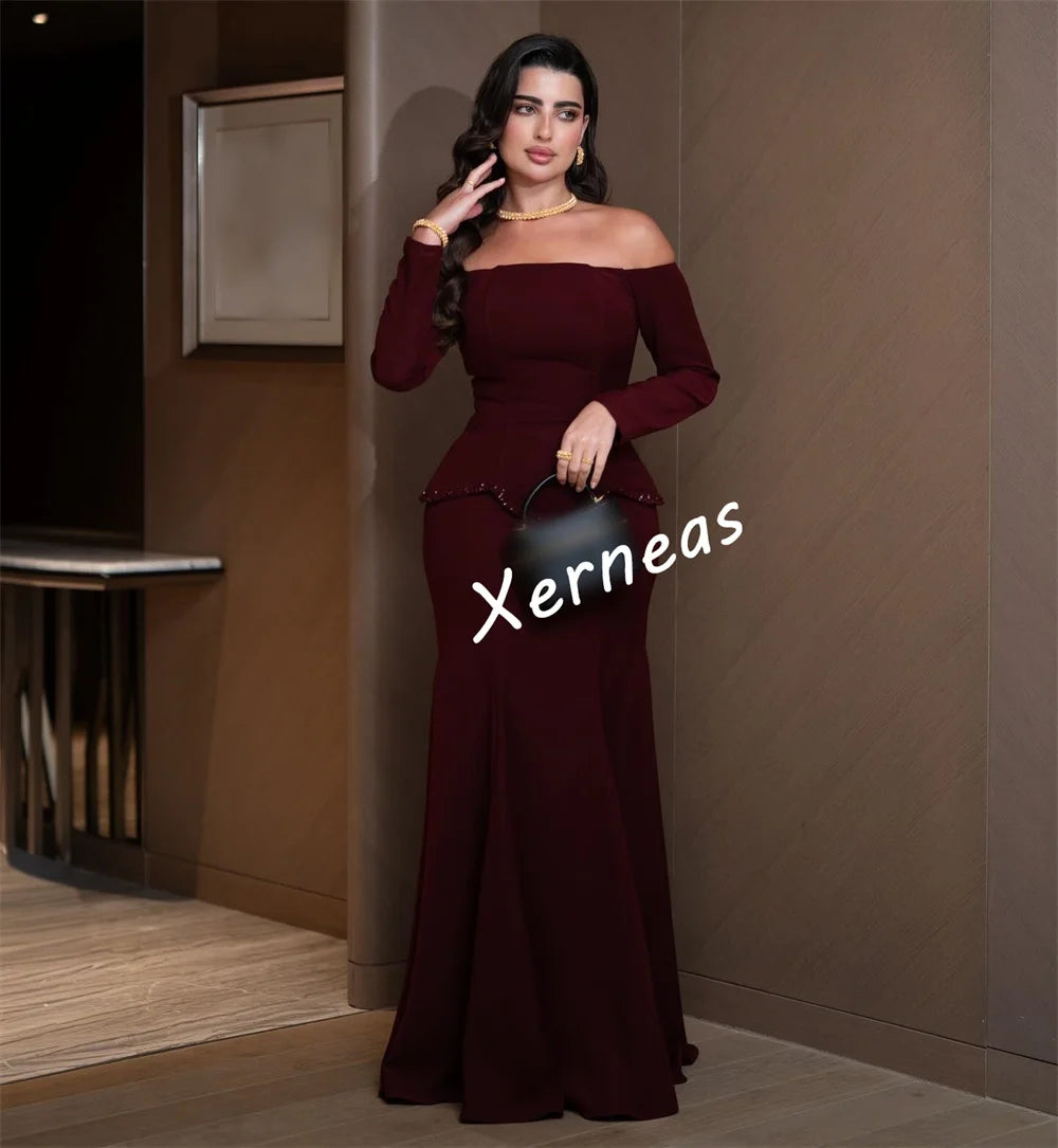 Glitter Jersey Off-Shoulder Trumpet Gown – Long Sleeve, Floor-Length Evening Dress Luxegan