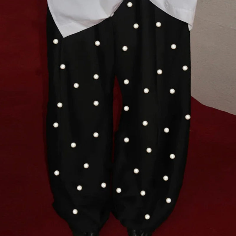Pearl Decoration Design Trousers | Sophisticated Straight Leg Silhouette | Elegant "Ankle-Length" - view 4