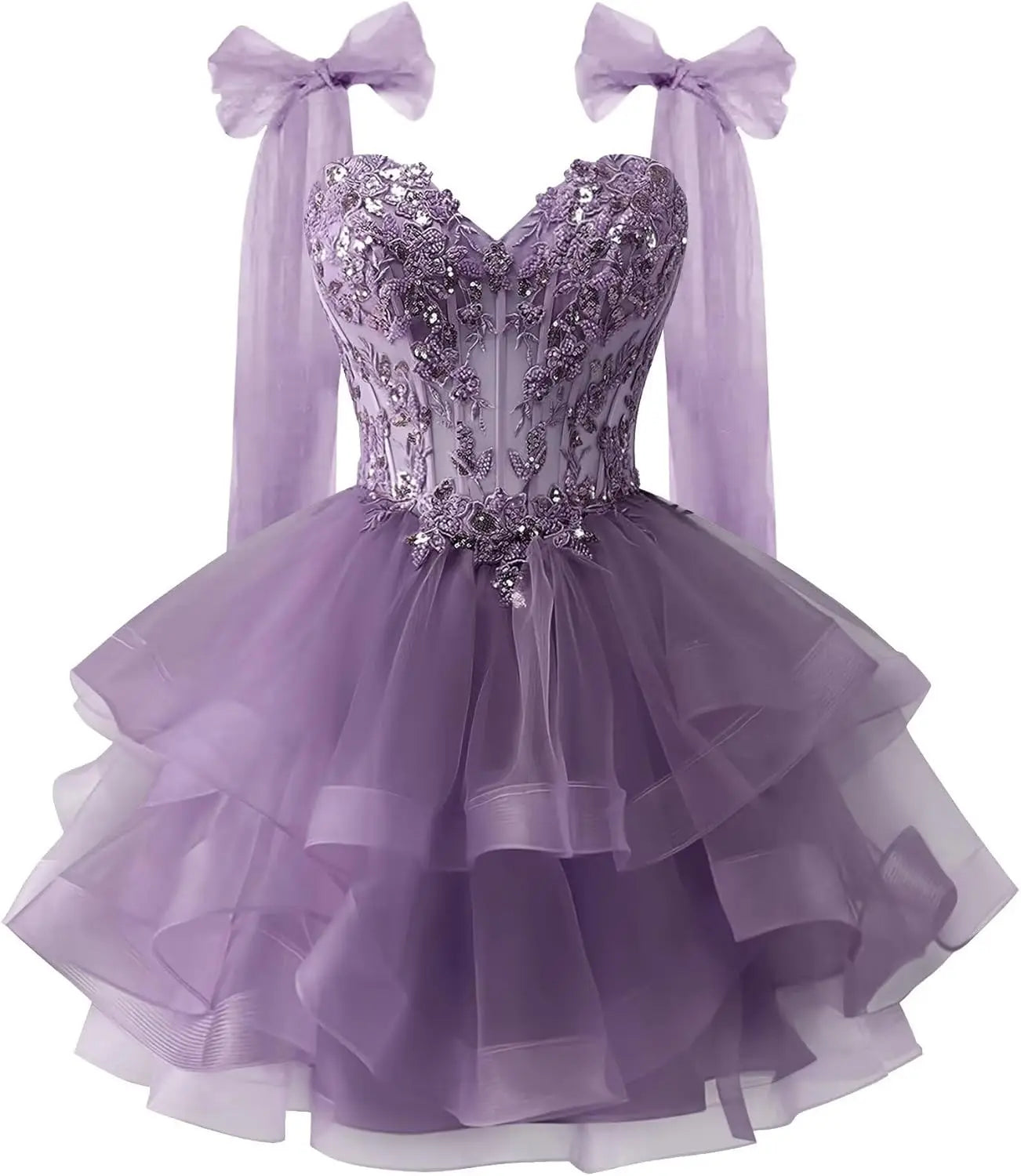 Tiered Tulle Homecoming Dresses Sparkly Lace Applique Bow Straps Short Prom Dress for Teens Cocktail Dress Graduation Dress