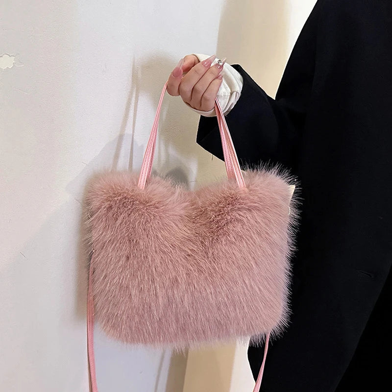 Faux Fur Tote Bag Women's | Bucket Plush Luxury Design Ladies Handbags & Soft Winter Crossbody Shoulder Bags (Bolsa Feminina) Luxegan