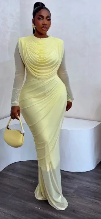 Ruched Mesh Maxi Dress – Long Sleeve, O-Neck, Floor-Length Party Dress Luxegan