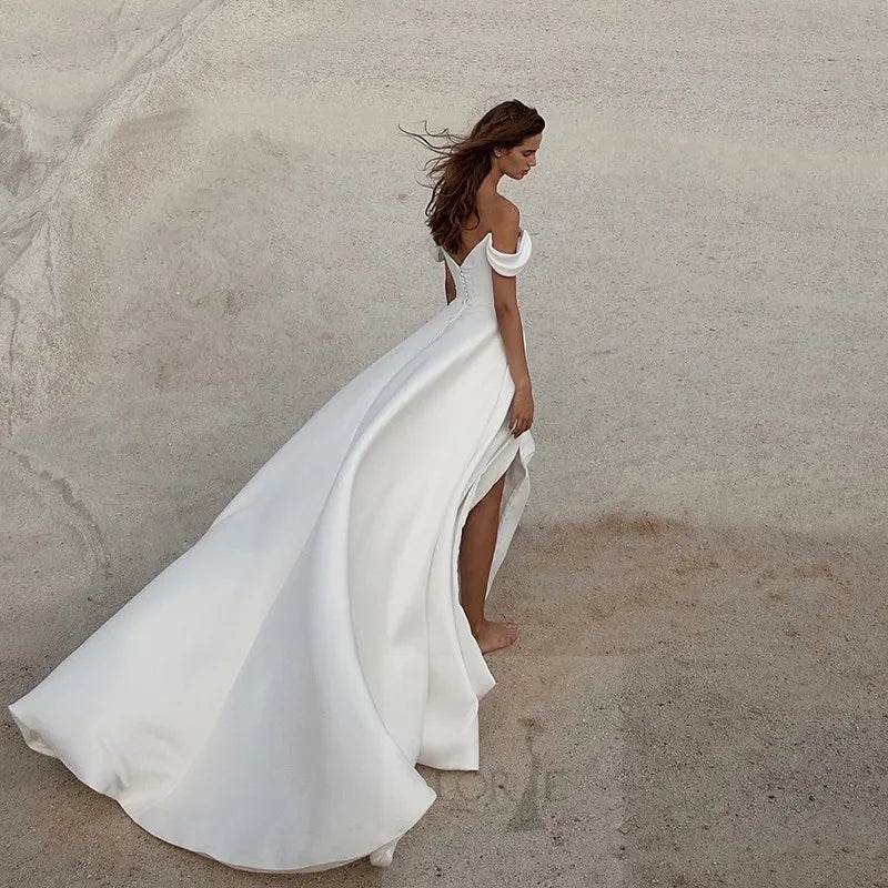 Classic Soft Satin A-Line Wedding Dress | Elegant Off-The-Shoulder Sleeveless Bridal Gown | Vintage Lace Applique Beaded Wedding Party Gown | Model 11DWYW2000051 Custom Floor-Length Court Train Dress Luxegan
