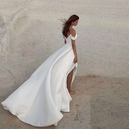 Classic Soft Satin A-Line Wedding Dress | Elegant Off-The-Shoulder Sleeveless Bridal Gown | Vintage Lace Applique Beaded Wedding Party Gown | Model 11DWYW2000051 Custom Floor-Length Court Train Dress Luxegan