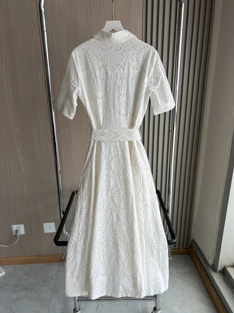 Solid Turn-Down Collar Short Sleeve Hollow Out Regular Fit A-Line Mid-Calf Cotton Dress – Natural Waist, Summer Luxegan