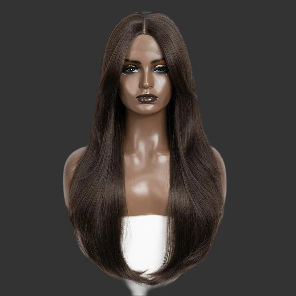 26-Inch Ombre Brown Highlight Blonde Synthetic Lace Front Wig with Bangs - Long Straight High Temperature Fiber Swiss Lace Wig - Transparent Lace Glueless Wig for Daily Use & Cosplay (197g) Luxegan