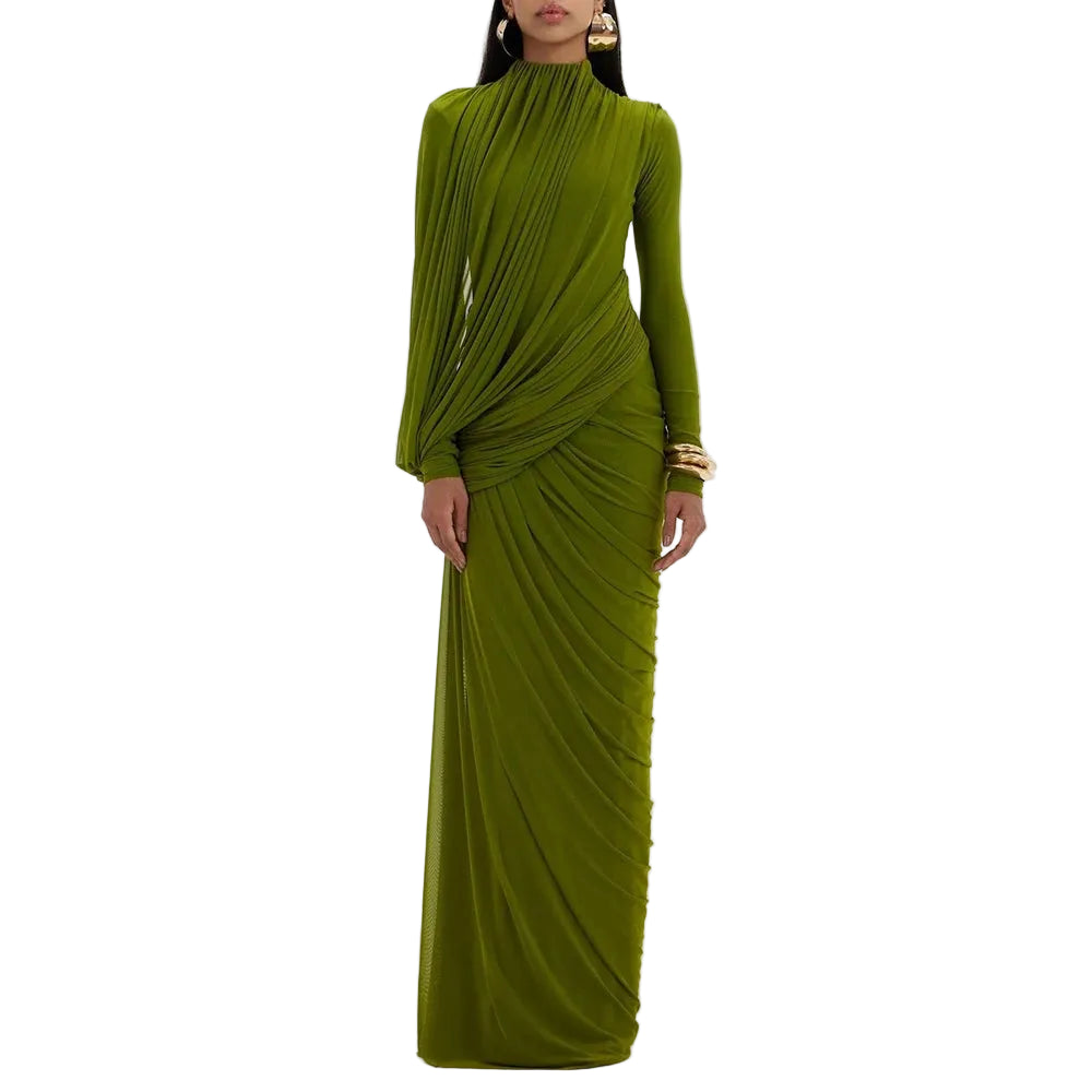 Solid Vintage Turtleneck Long Sleeve Slim Asymmetrical Floor-Length Dress with Lace-Up Detailing – Woven Polyester, Empire Waist, Autumn/Winter Luxegan